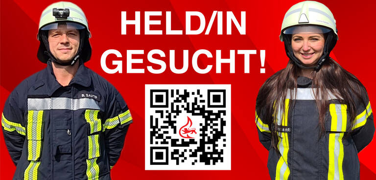 Feuerwehrmann und Feuerwehrfrau auf einem Werbebanner